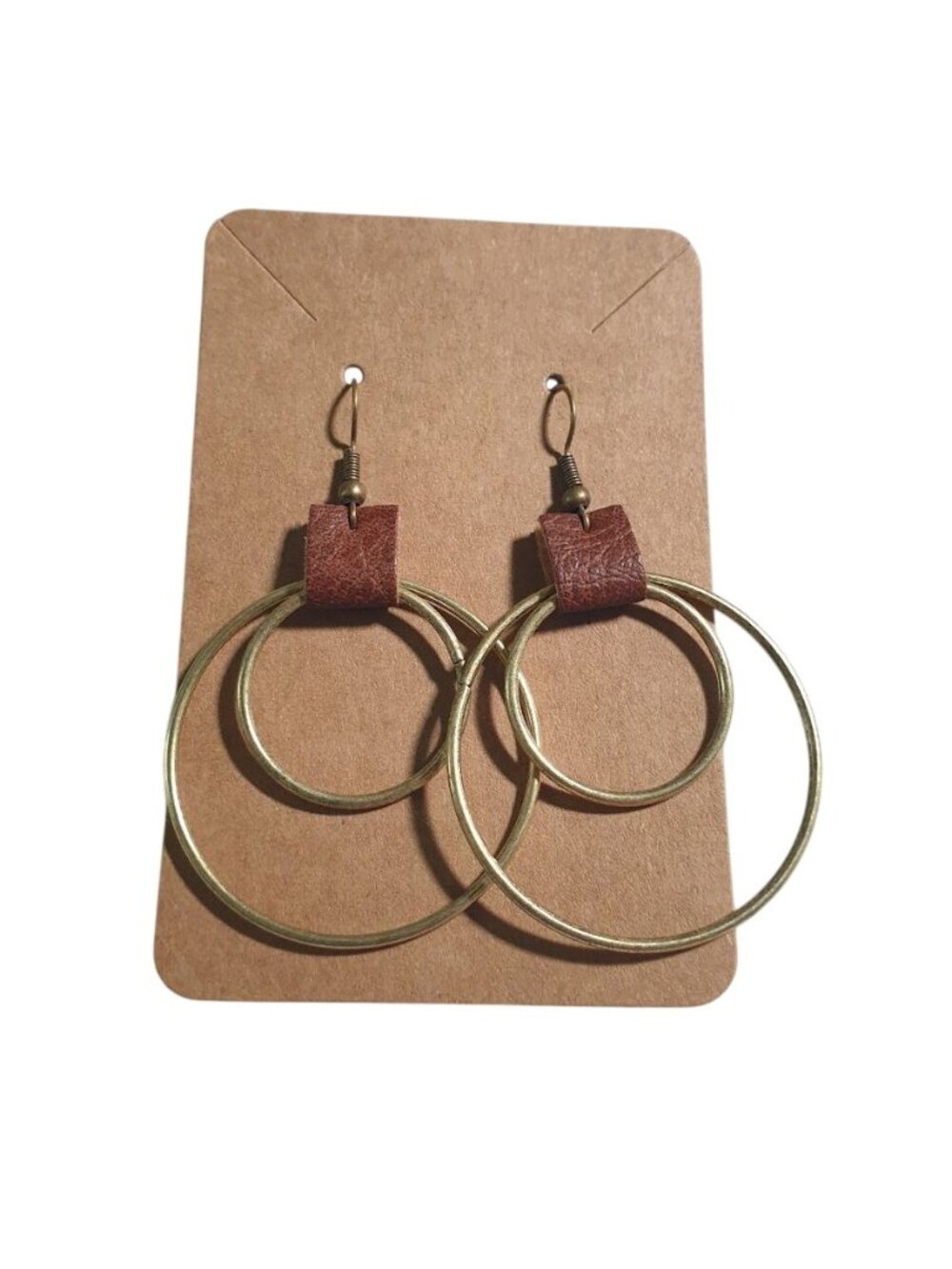Vintage Style Dual Circle Hoop Dangle Earrings Leather Hooks Brown Gold Gift Mom